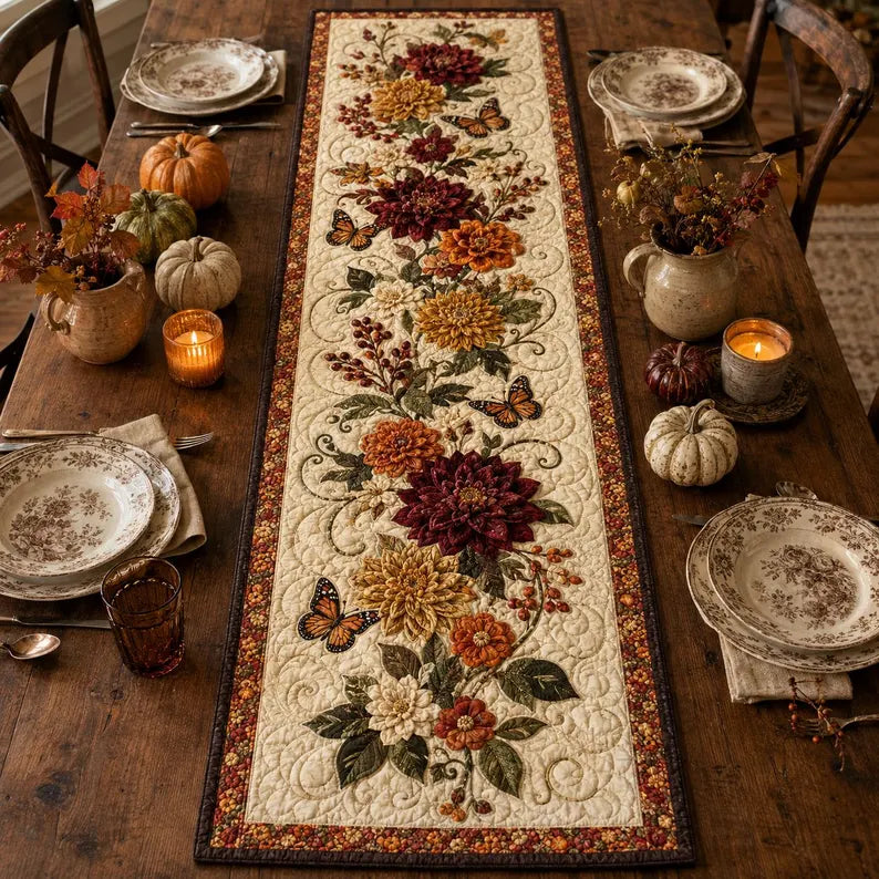 Floral Quilted Table Runner, Autumn Thanksgiving Decor, Rustic Farmhouse Linen. QTRPETAL9