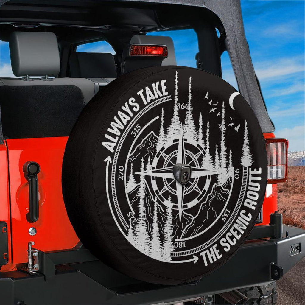 Always Take The Scenic Route Spare Tire Cover, Mountain Compass Jeep Tire Cover, Adventure PVC Leather Tire Cover, Outdoor Travel Vehicle Accessory. TCPETAL14