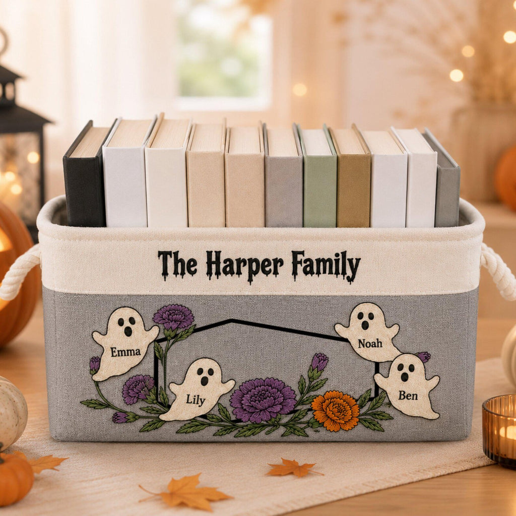 Custom Family Name Halloween Ghost Book Basket, Personalized Gothic Floral Storage Bin, Halloween Book Lover Keepsake, Spooky Home Decor. BBPETAL10