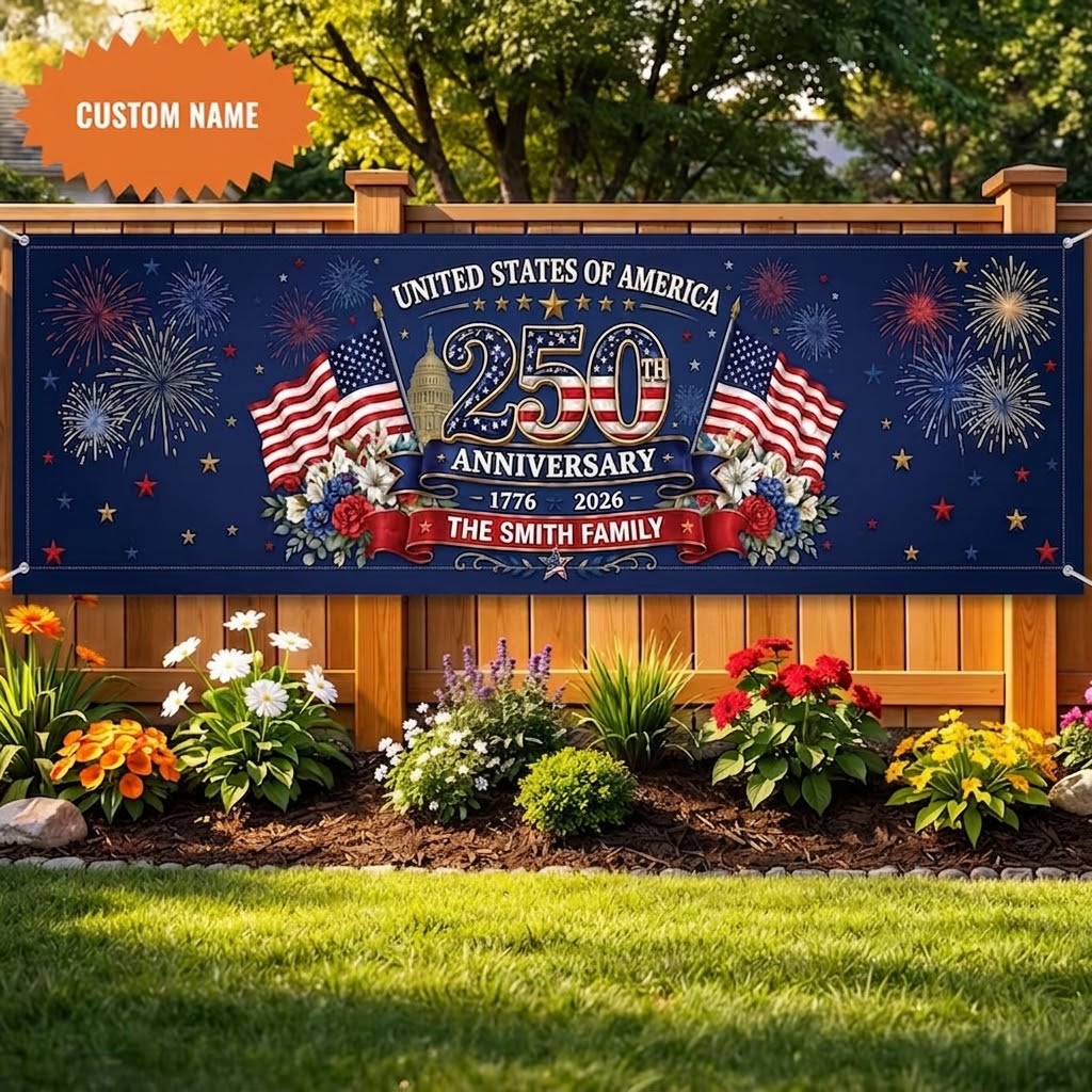 Personalized Patriotic 250th Anniversary Banner, Custom Family Name USA Decor BPETAL08