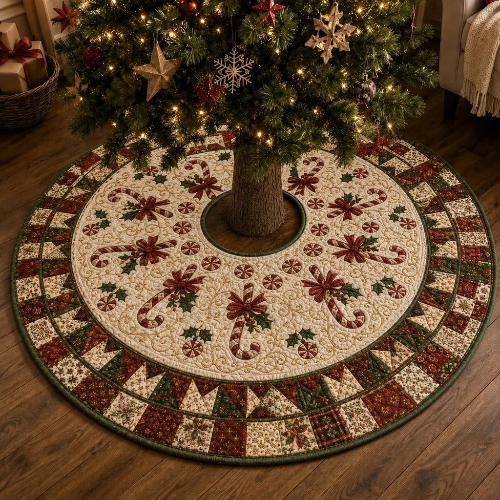 Red Bow Holiday Tree Skirt, Candy Cane Quilt Style Xmas Tree Mat, Christmas Tree Skirt, Farmhouse Christmas Tree Decor. CTSPETAL22