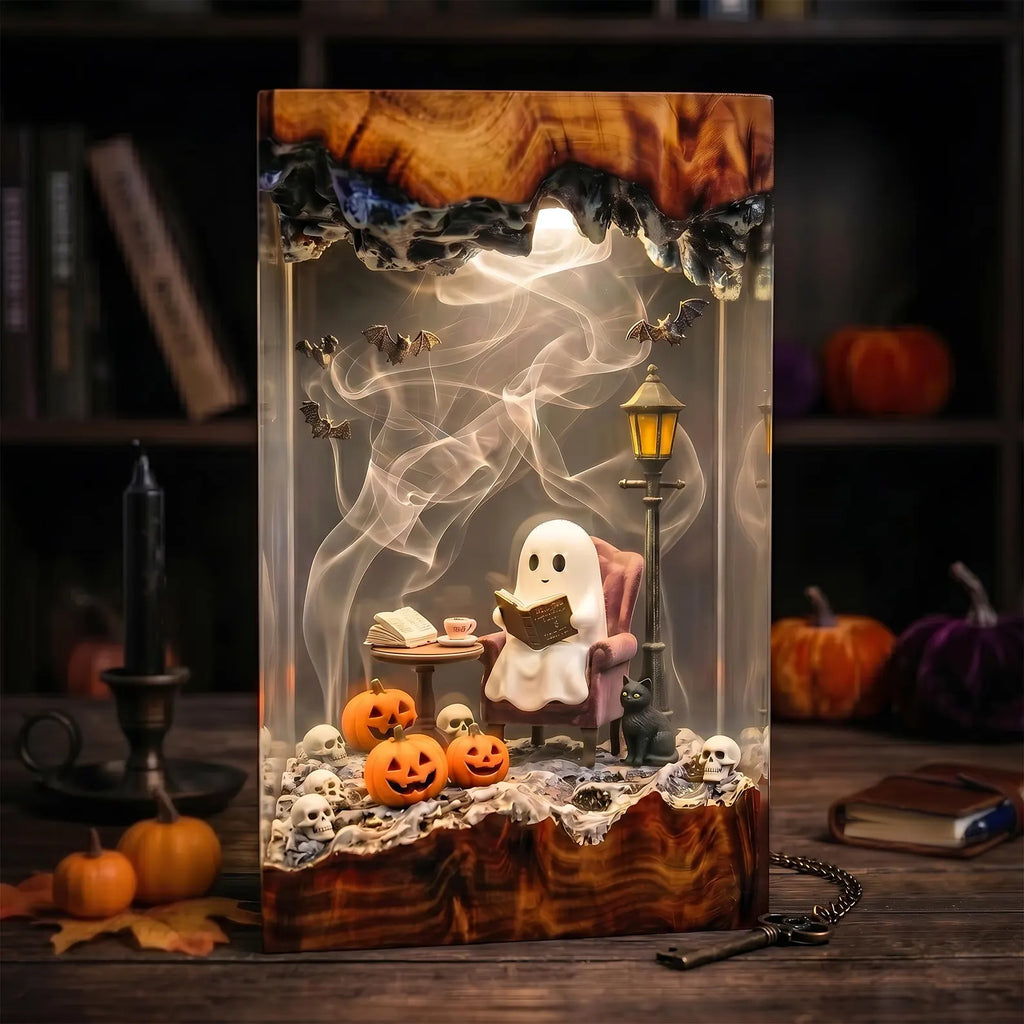 Halloween Reading Ghost Resin Lamp, Black Cat and Pumpkin Night Light, Cozy Retro Decor, Unique Gift for Book Lovers. RLPETAL15