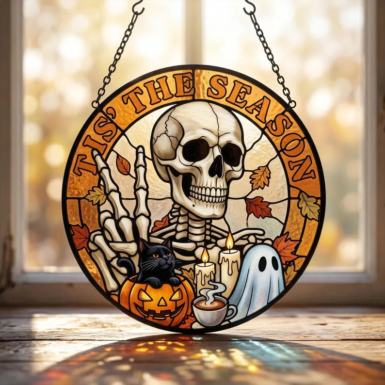 Tis The Season Stained Glass Suncatcher, Cute Skeleton Halloween Window Hanging Decor, Cozy Autumn Ghost Pumpkin Ornament,Spooky Season Gift. HSPETAL5