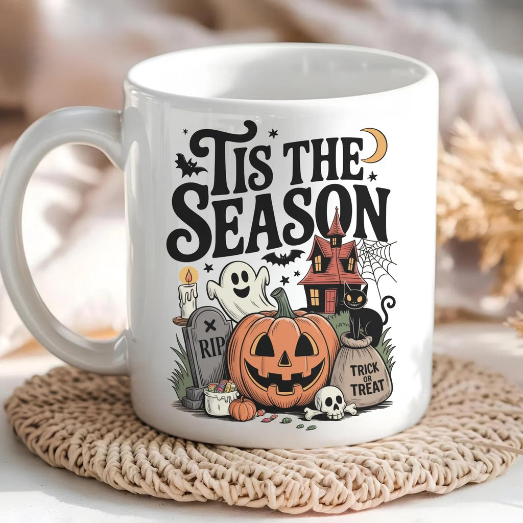 Tis The Season Halloween Mug, Spooky Ghost Pumpkin Coffee Cup, Cute Haunted House Mug, Cozy Fall Autumn Mug, Trick or Treat Gift. MPETAL5