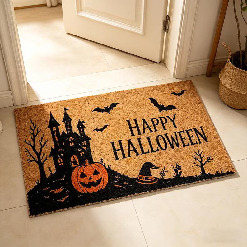 Happy Halloween Haunted House Doormat,Spooky Pumpkin & Bat Entry Rug,Halloween Front Door Decor,Retro Haunted Castle Halloween Doormat. DMPETAL9