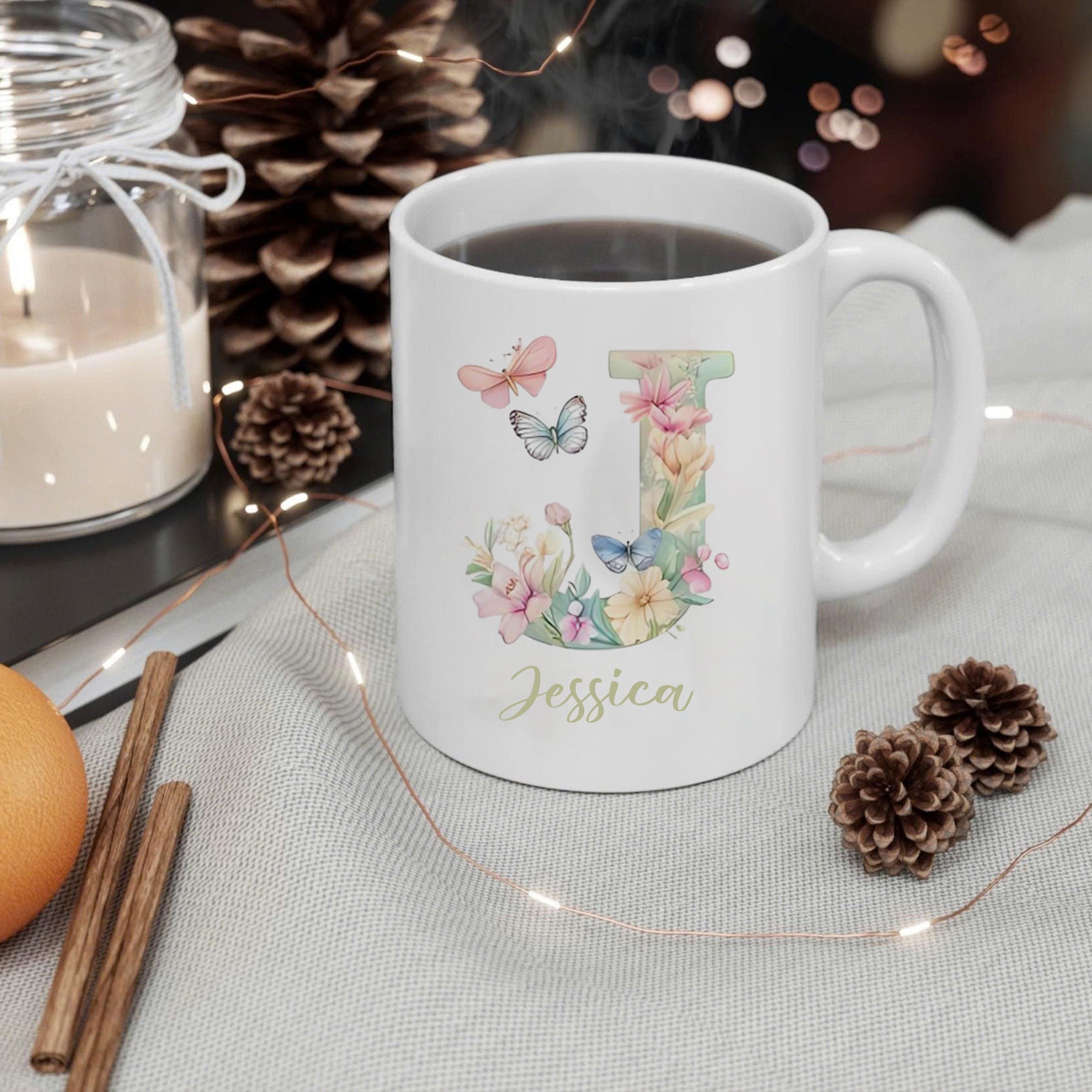 Personalized Flower Alphabet Mug, Custom Initial Letter H Coffee Cup with Name, Floral Monogram Gift for Her, Birthday, Bridesmaid, or Mother’s Day