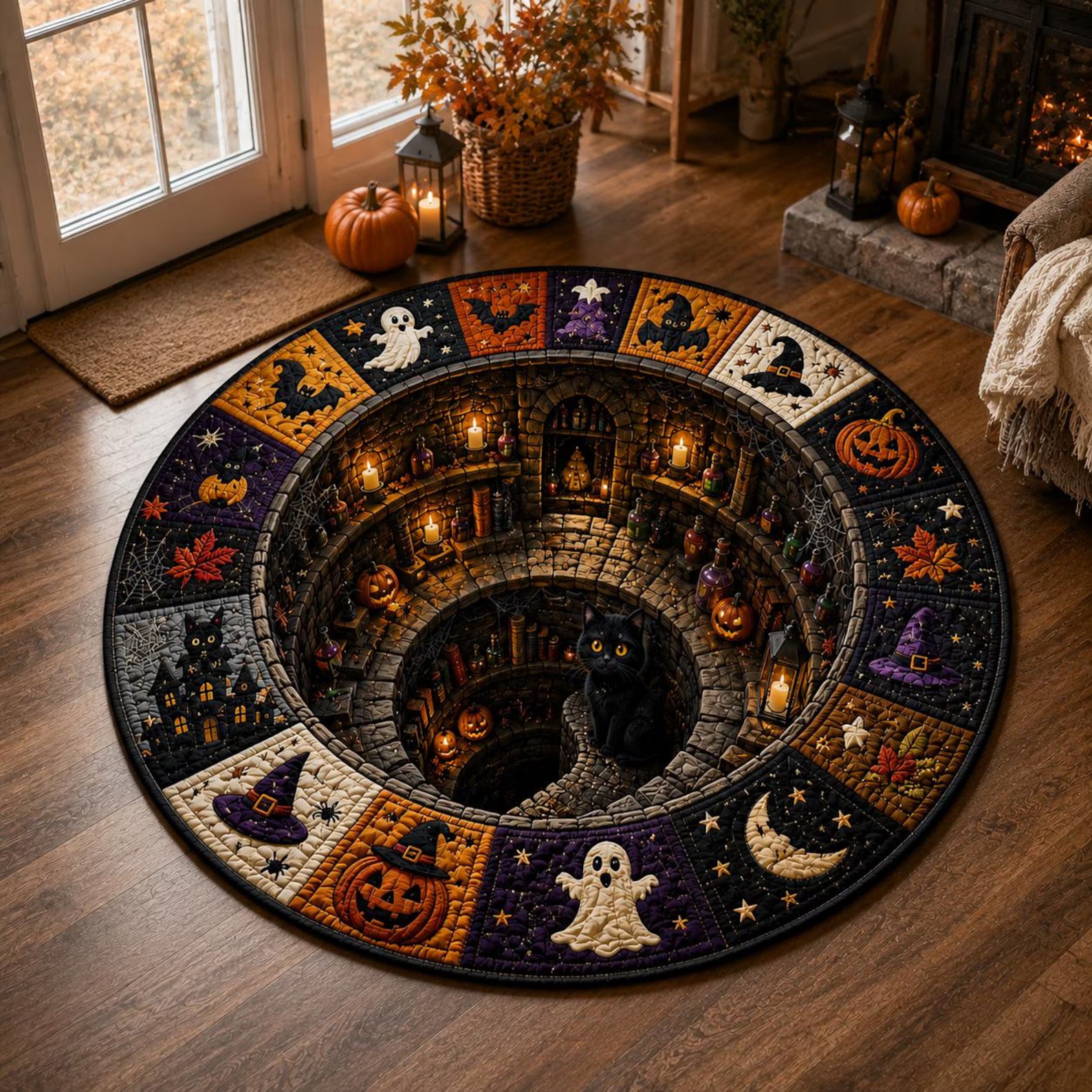 Halloween Round Quilted Rug, 3D Witch Dungeon Illusion Rug, Black Cat Halloween Rug, Spooky Witchy Floor Mat, Halloween Home Decor. QRPETAL27