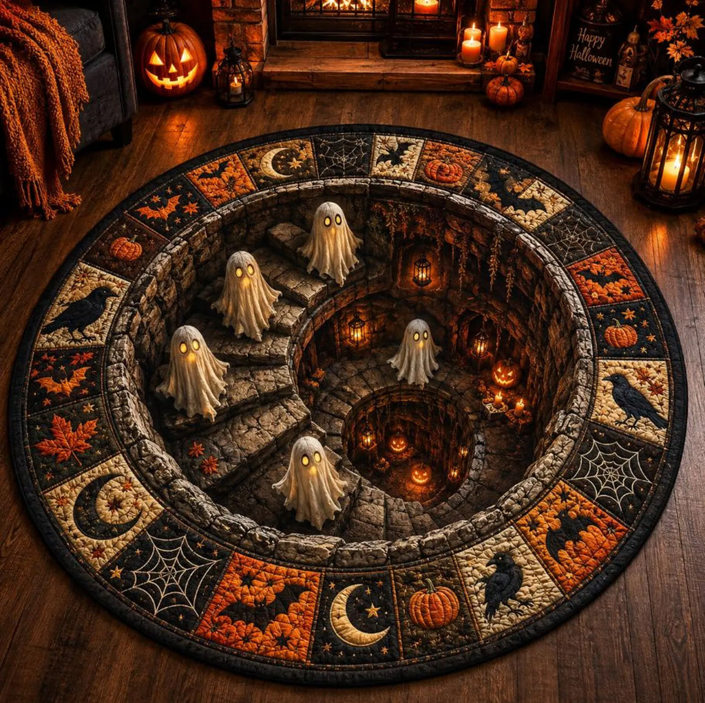 Halloween 3D Illusion Rug, Ghost Staircase Round Rug, Spooky Optical Illusion Carpet, Halloween Floor Mat, Gothic Party Decor. QRPETAL31