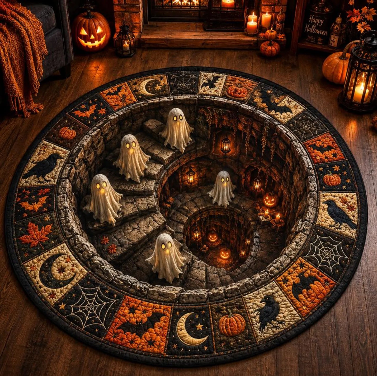 Halloween 3D Illusion Rug, Ghost Staircase Round Rug, Spooky Optical Illusion Carpet, Halloween Floor Mat, Gothic Party Decor. QRPETAL31
