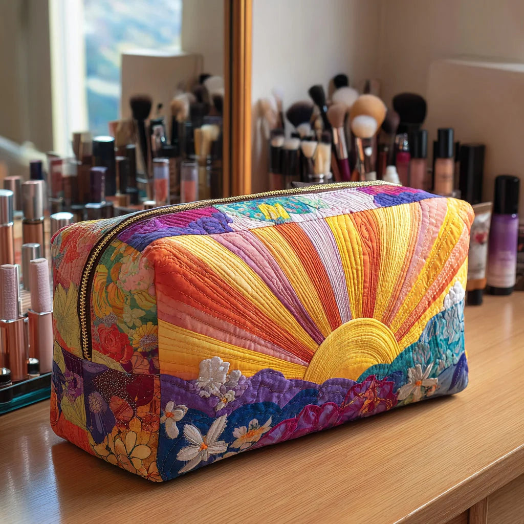Quilted Sunrise Bloom Makeup Bag, Colorful Floral Cosmetic Pouch, Travel Toiletry Organizer – QMBPETAL5