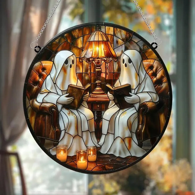 Reading Ghost Couple Acrylic Suncatcher, Cozy Library Faux Stained Glass Halloween Window Decor, Bookish Ghost Gift for Readers. HSPETAL11