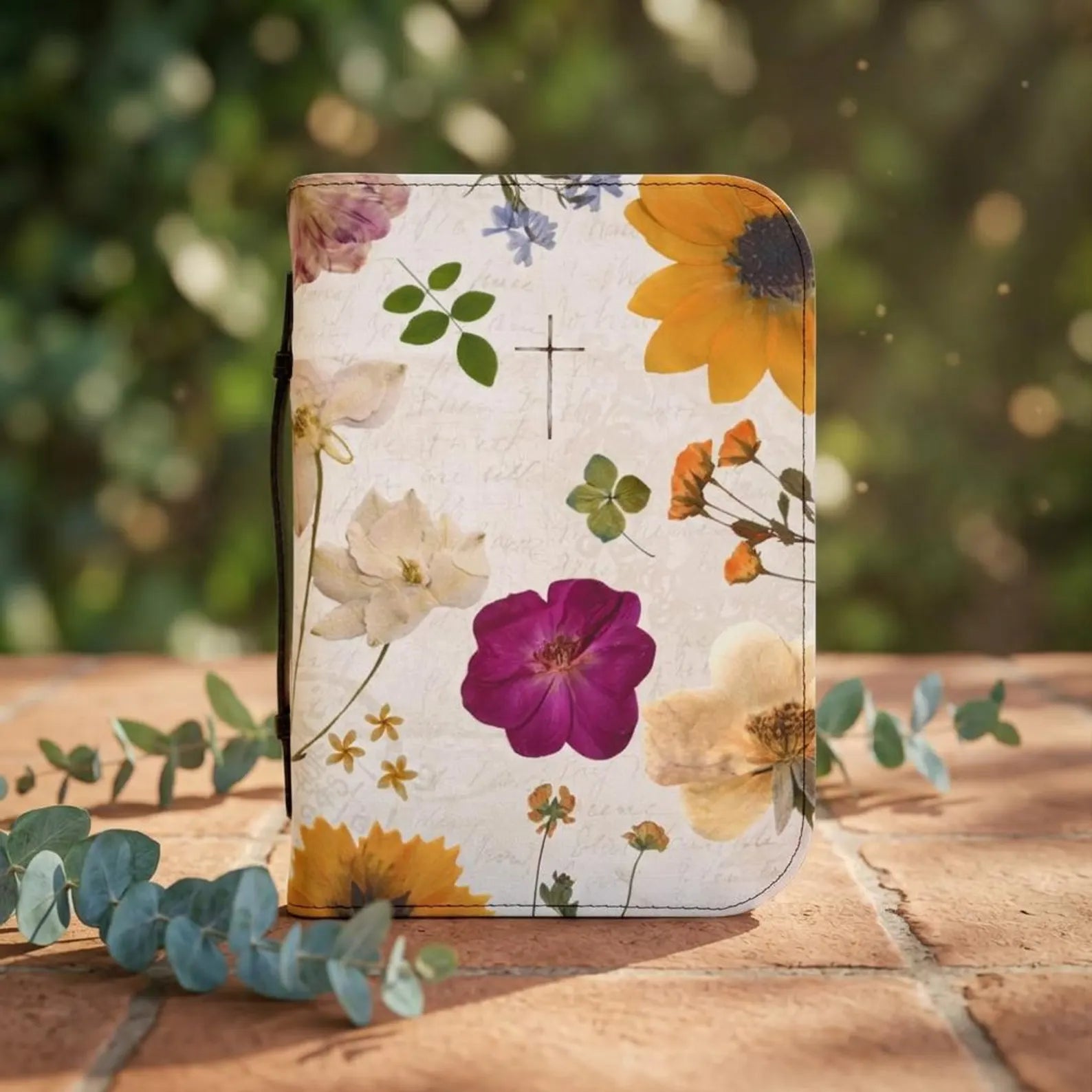 Pressed Floral Cross Bible Cover | Floral Zippered Bible Case. BCPETAL22
