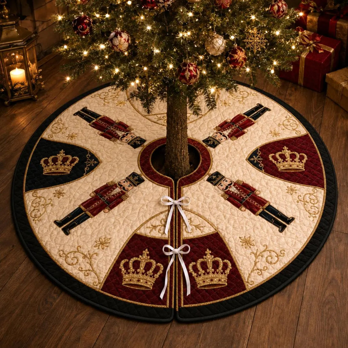 Nutcracker Christmas Tree Skirt, Quilted Holiday Tree Skirt, Royal Red Navy Gold Christmas Decor, Elegant Xmas Home Decor. CTSPETAL19