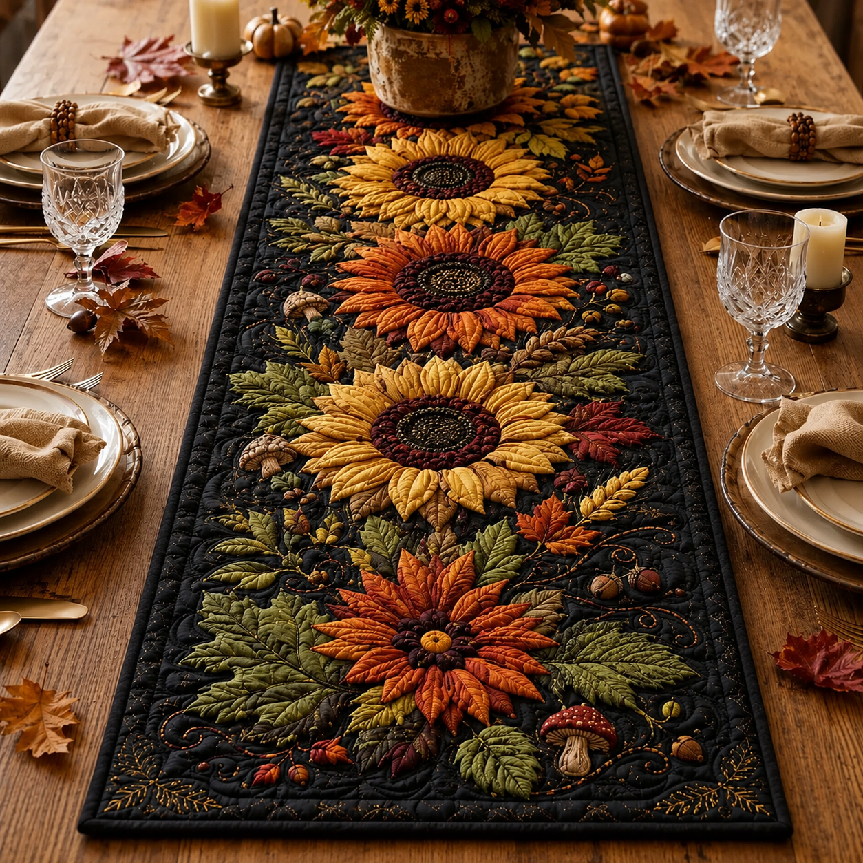 Sunflower Quilted-Style Table Runner, Autumn Harvest Farmhouse Decor. QTRPETAL4