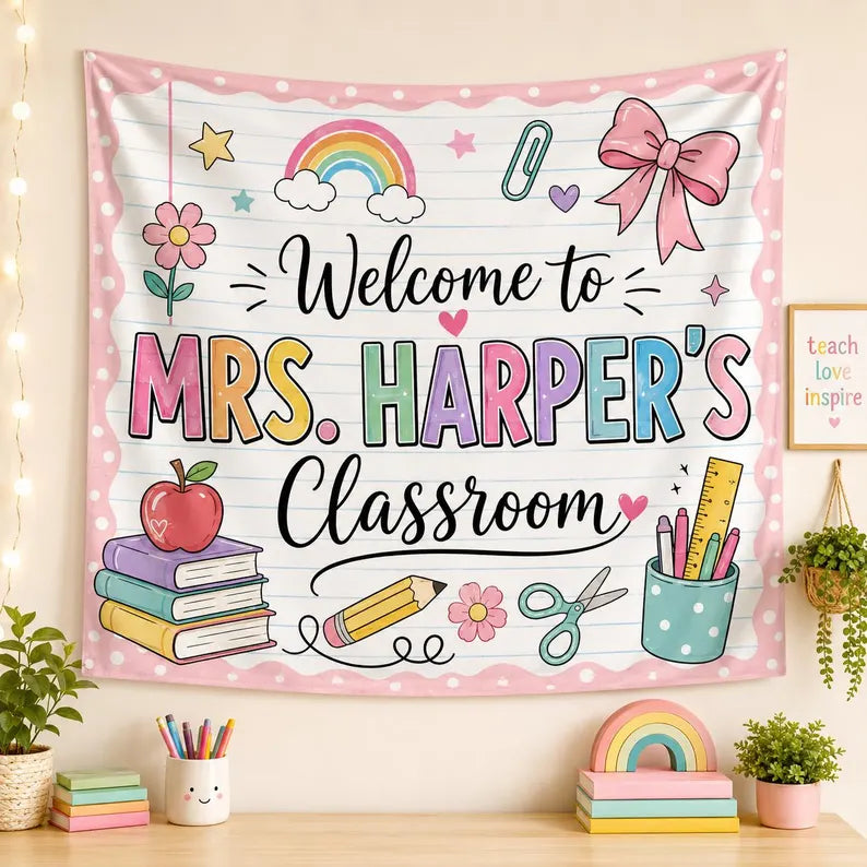Personalized Teacher Classroom Tapestry, Custom Welcome to Classroom Wall Hanging, Pastel Teacher Decor, Back to School Classroom Banner. CBPETAL03