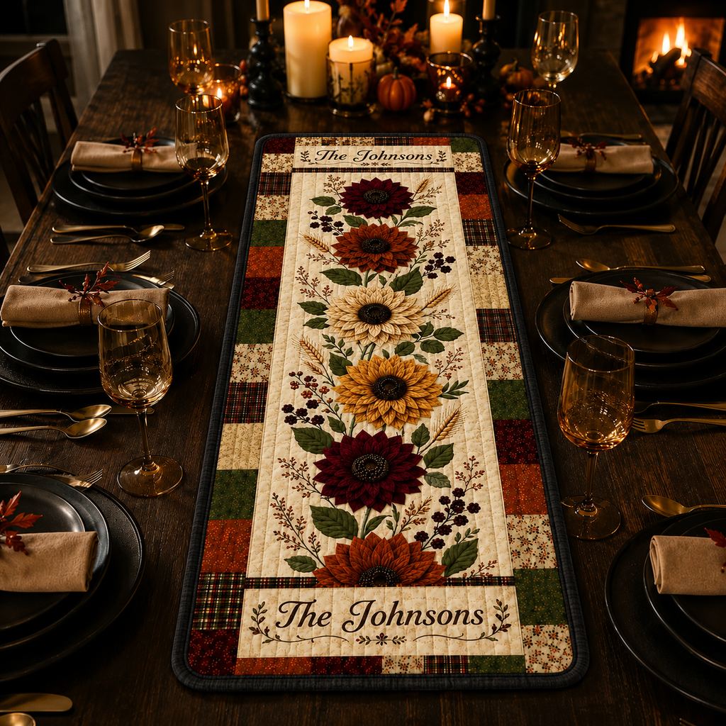 Personalized Fall Floral Quilted Table Runner, Custom Family Name Thanksgiving Decor. QTRPETAL14