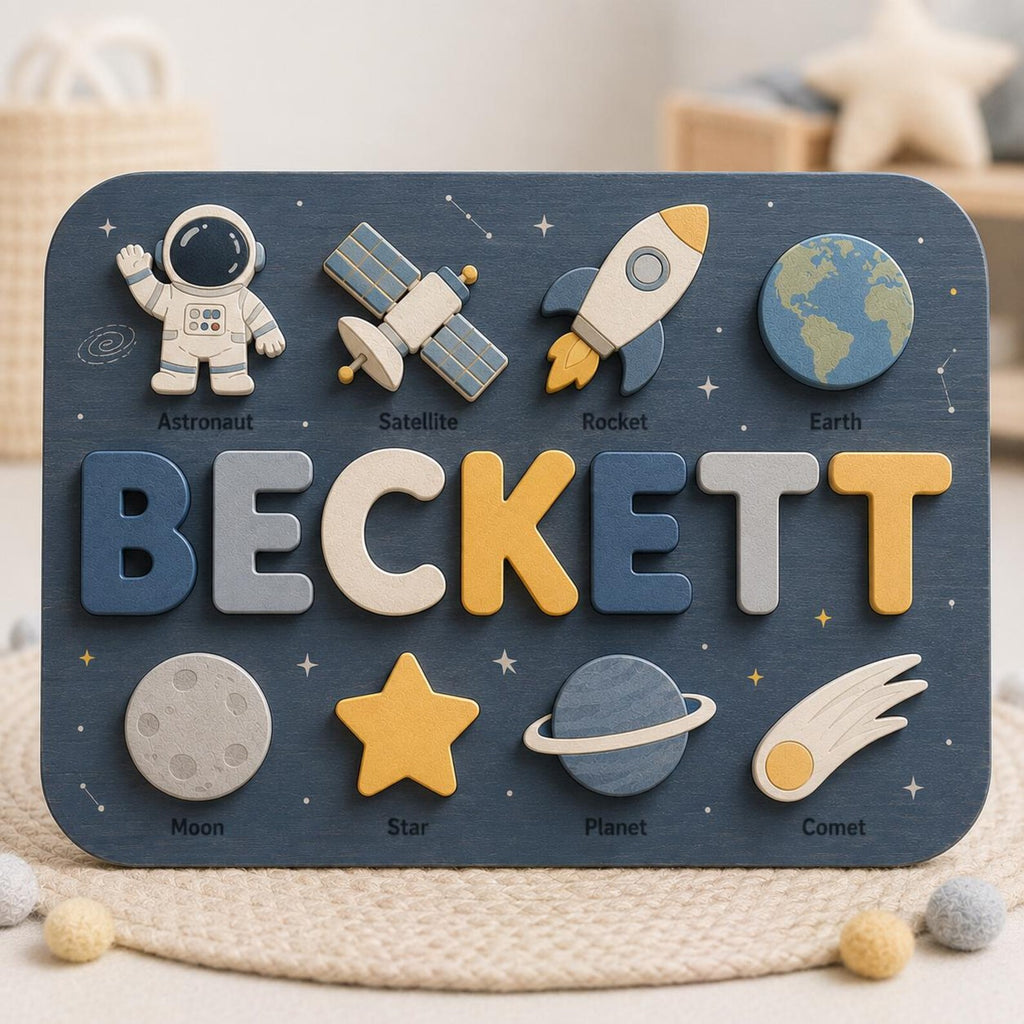 Personalized Space Name Puzzle | Astronaut Rocket Wooden Name Puzzle | Custom Toddler Puzzle | Montessori Baby Gift. NPPETAL23