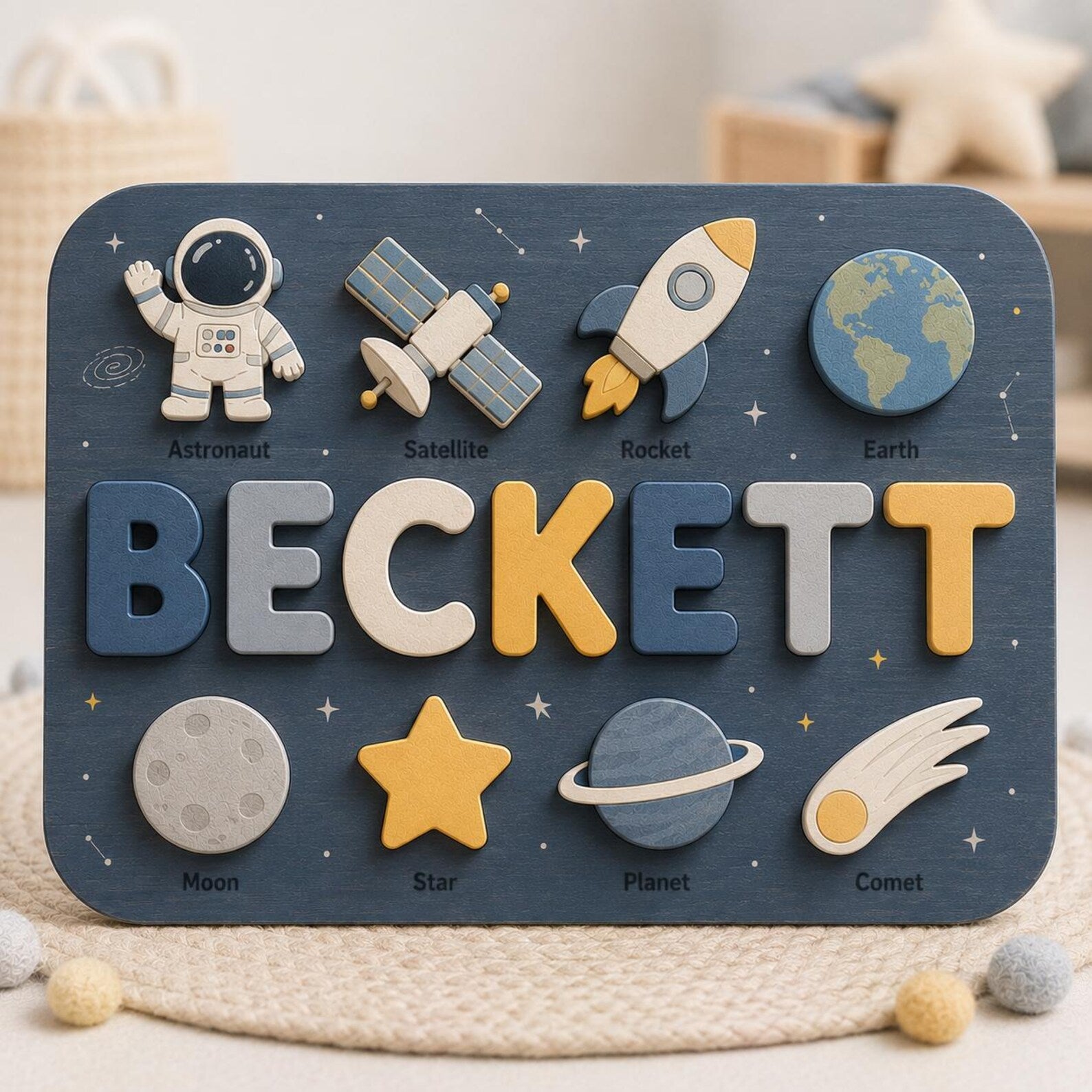 Personalized Space Name Puzzle | Astronaut Rocket Wooden Name Puzzle | Custom Toddler Puzzle | Montessori Baby Gift. NPPETAL23