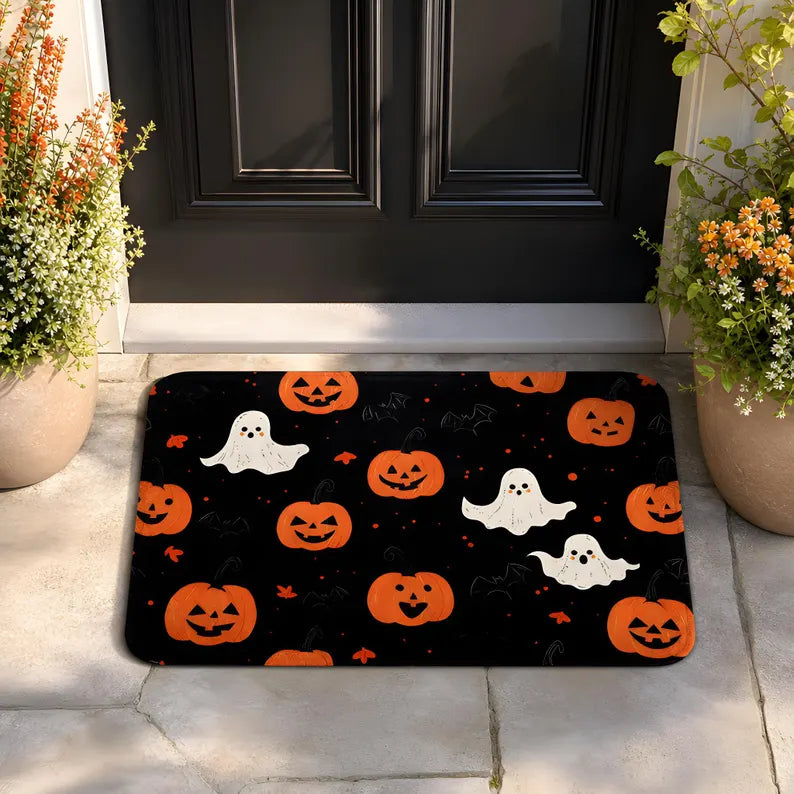 Halloween Doormat: Pumpkin Ghost Bat Black Welcome Mat (Indoor/Outdoor) . DMPETAL19