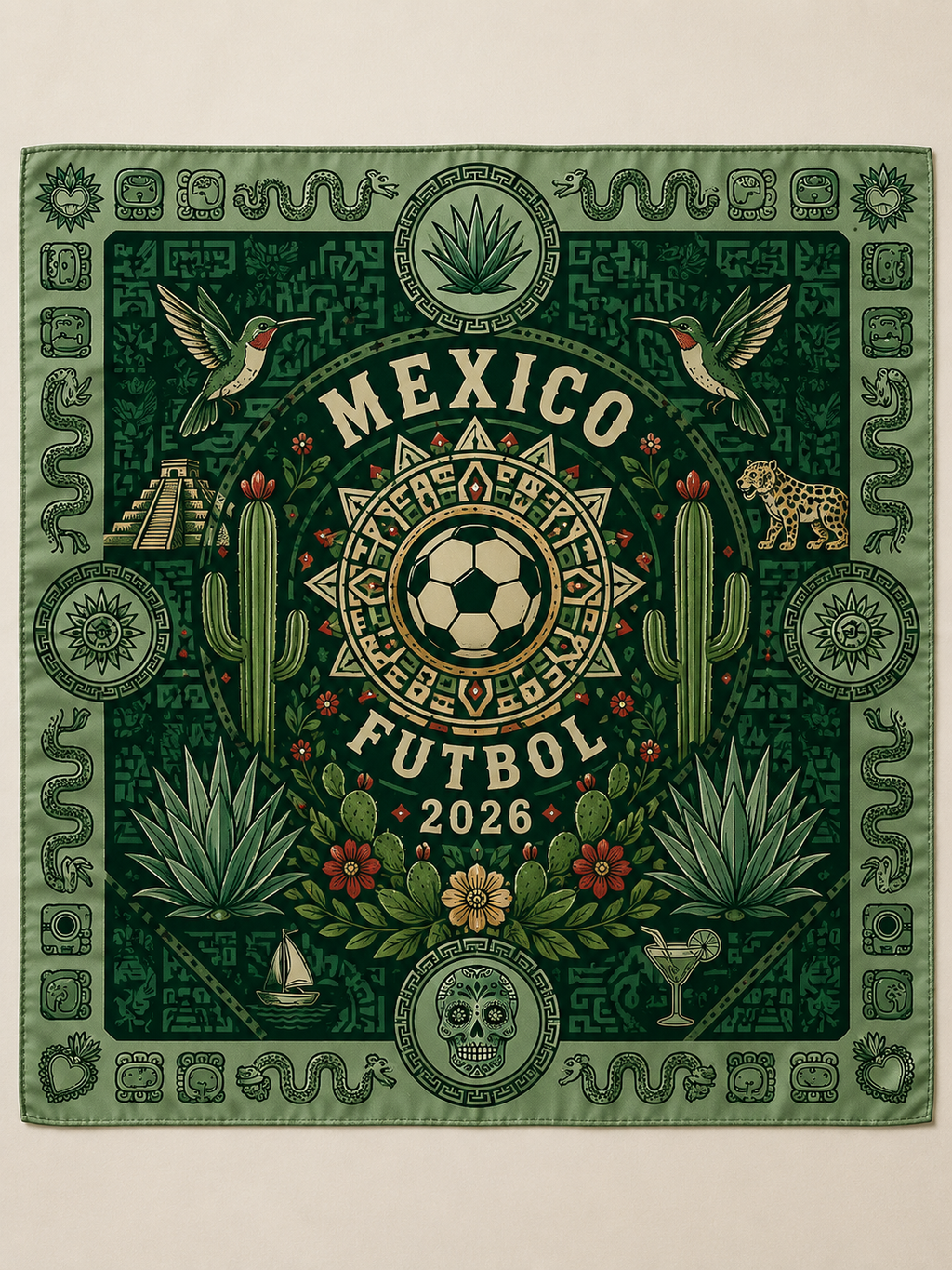 Mexico Soccer Satin Scarf, FMF Silk Feel Bandana, Mexico Football Fan Gift, Aztec Inspired Scarf, Green Mexican Hair Scarf, Soccer Accessory. SSPETAL5