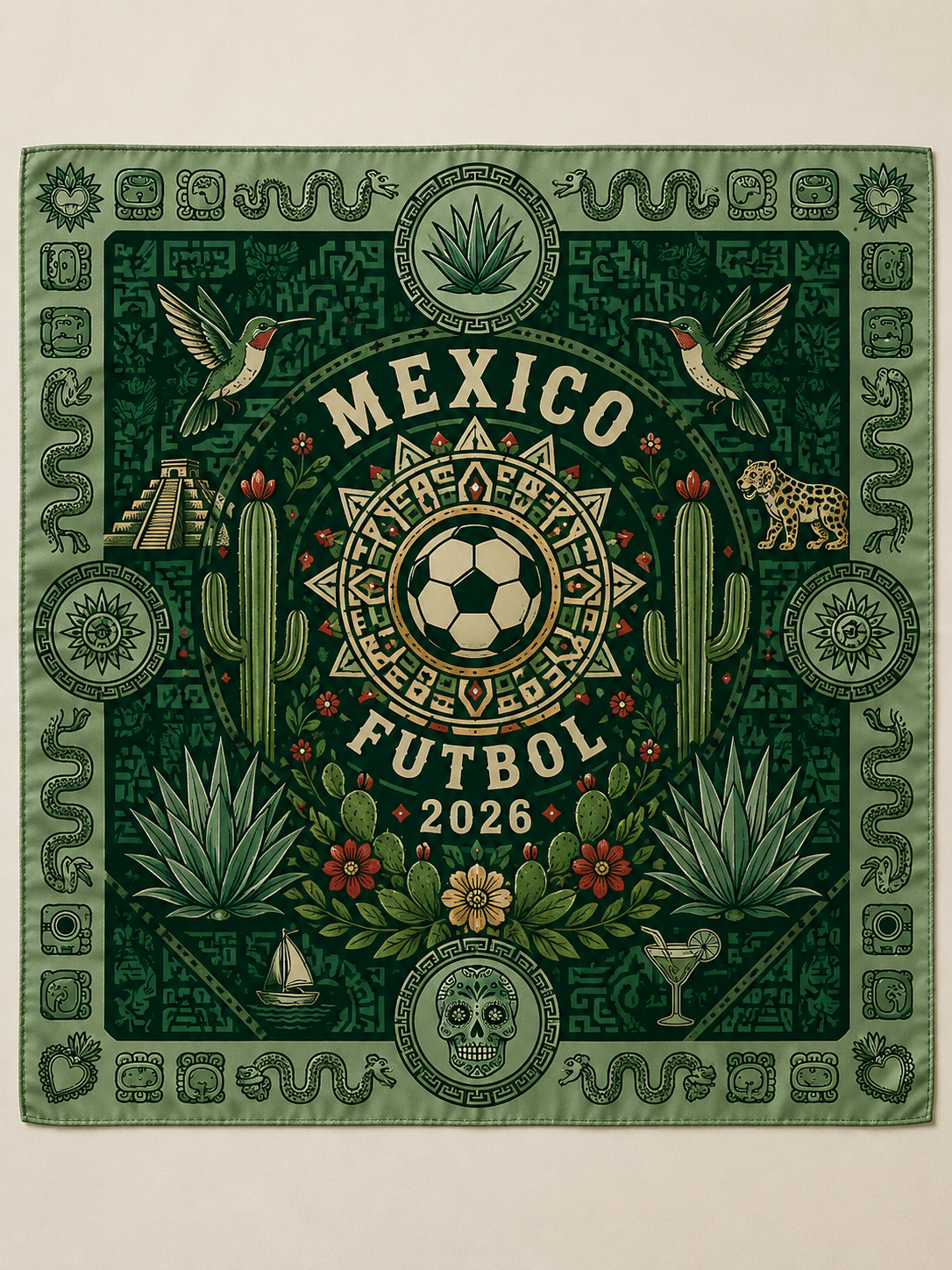 Mexico Soccer Satin Scarf, FMF Silk Feel Bandana, Mexico Football Fan Gift, Aztec Inspired Scarf, Green Mexican Hair Scarf, Soccer Accessory. SSPETAL5