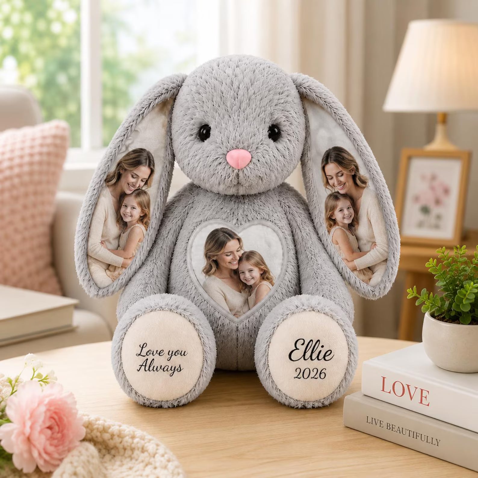 Custom Photo Bunny Plush, Personalized Hidden Ear Picture Stuffed Rabbit, Custom Bunny Gift for Couple, Baby, Mom & Pet Lover. BPPETAL3