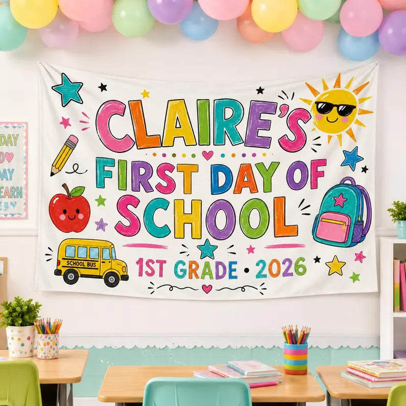 Custom First Day of School Banner, Personalized Kid Name Grade Backdrop, Back to School Photo Sign, Classroom Decor Gift 2026. CBPETAL05