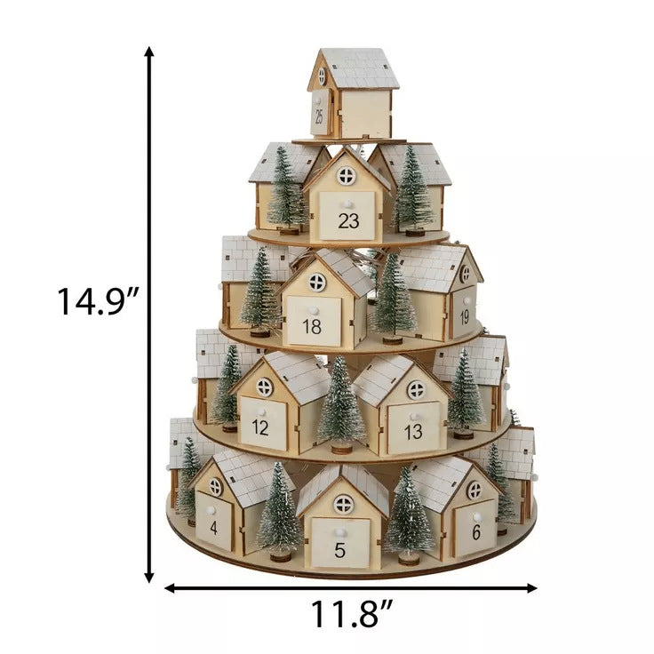 Wooden Christmas Tree Advent Calendar with 25 House Drawers, Snowy Village Holiday Countdown Decor – ACPETAL09