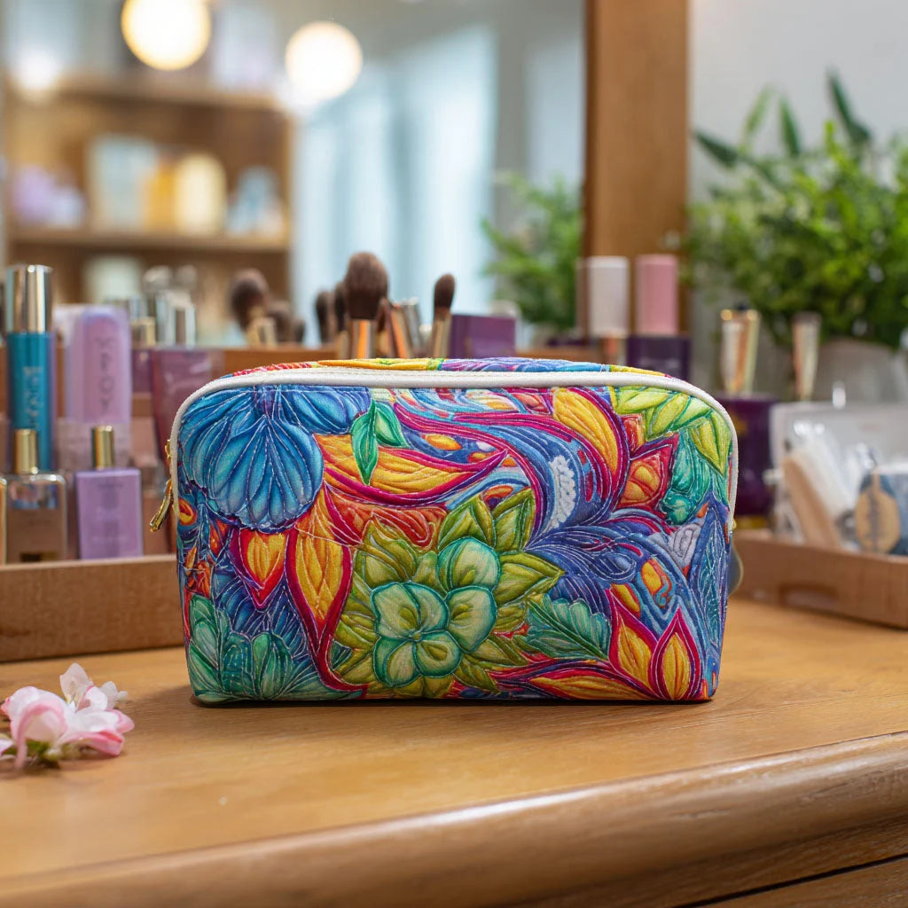 Quilted Tropical Garden Makeup Bag, Colorful Botanical Cosmetic Pouch, Travel Toiletry Organizer – QMBPETAL4