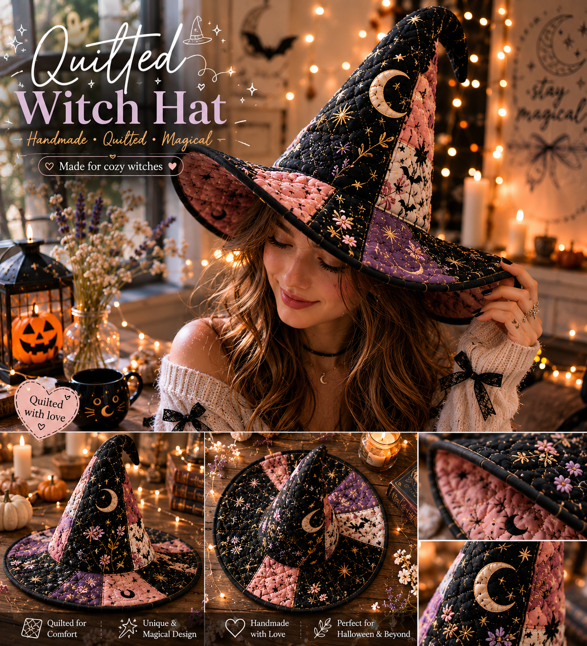 Quilted Witch Hat for Women – Handmade Style Halloween Costume Hat with Moon, Stars & Patchwork Design. QWHPETAL6