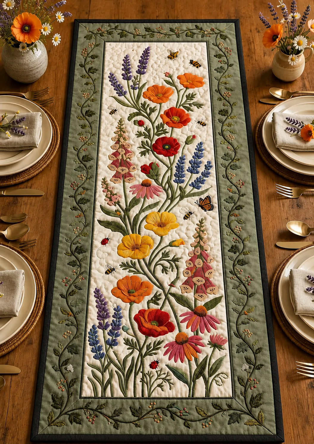 Wildflower Table Runner, Sage Green Botanical Table Topper, Poppy Lavender Centerpiece, Cottagecore Garden Decor, Gift for Flower Lover. QTRPETAL10