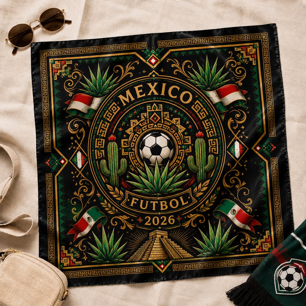 Mexico Soccer Satin Bandana, Mexican Eagle and Chichen Itza Head Scarf, Green White Red Football Supporter Accessory, Match Day Gift. SSPETAL1