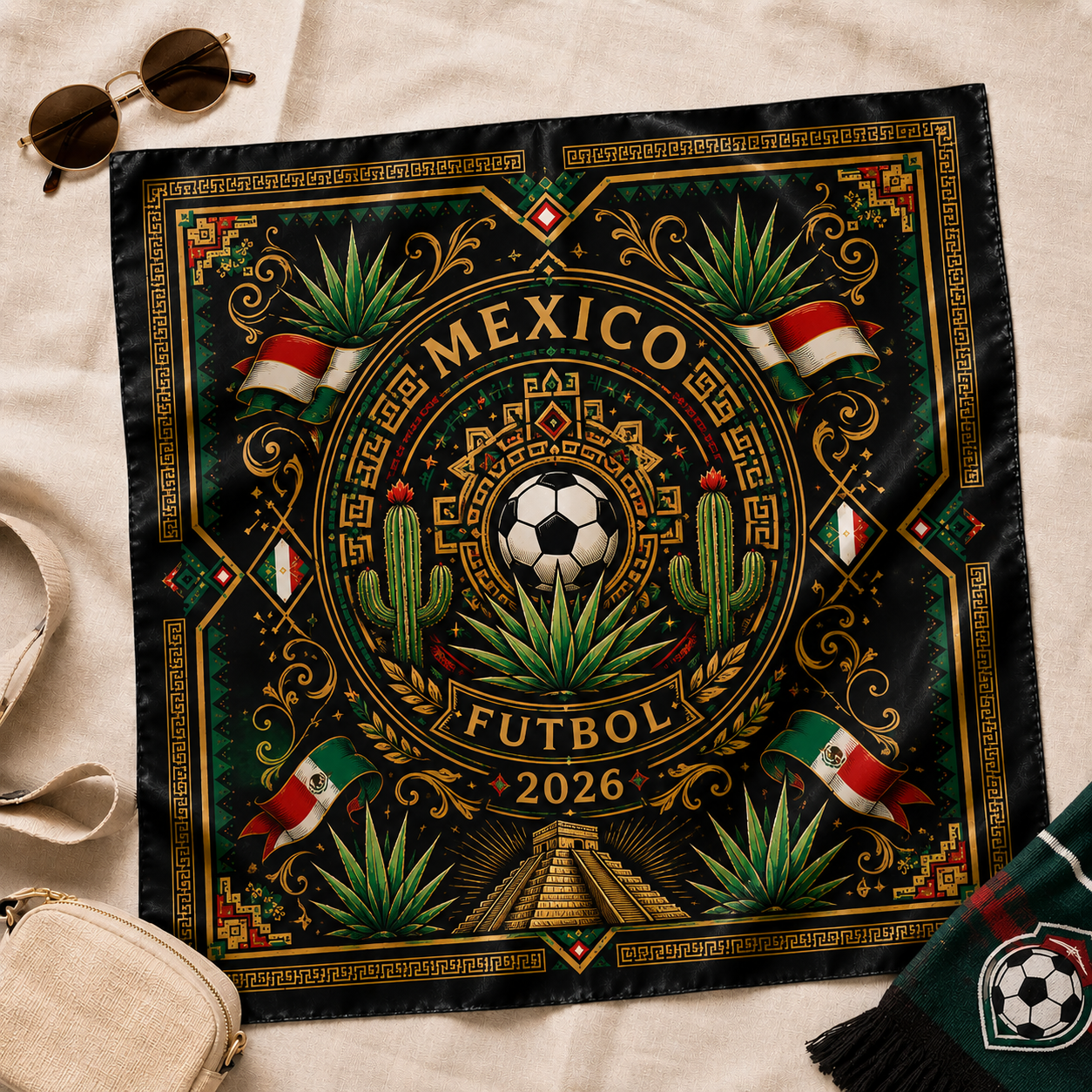 Mexico Soccer Satin Bandana, Mexican Eagle and Chichen Itza Head Scarf, Green White Red Football Supporter Accessory, Match Day Gift. SSPETAL1