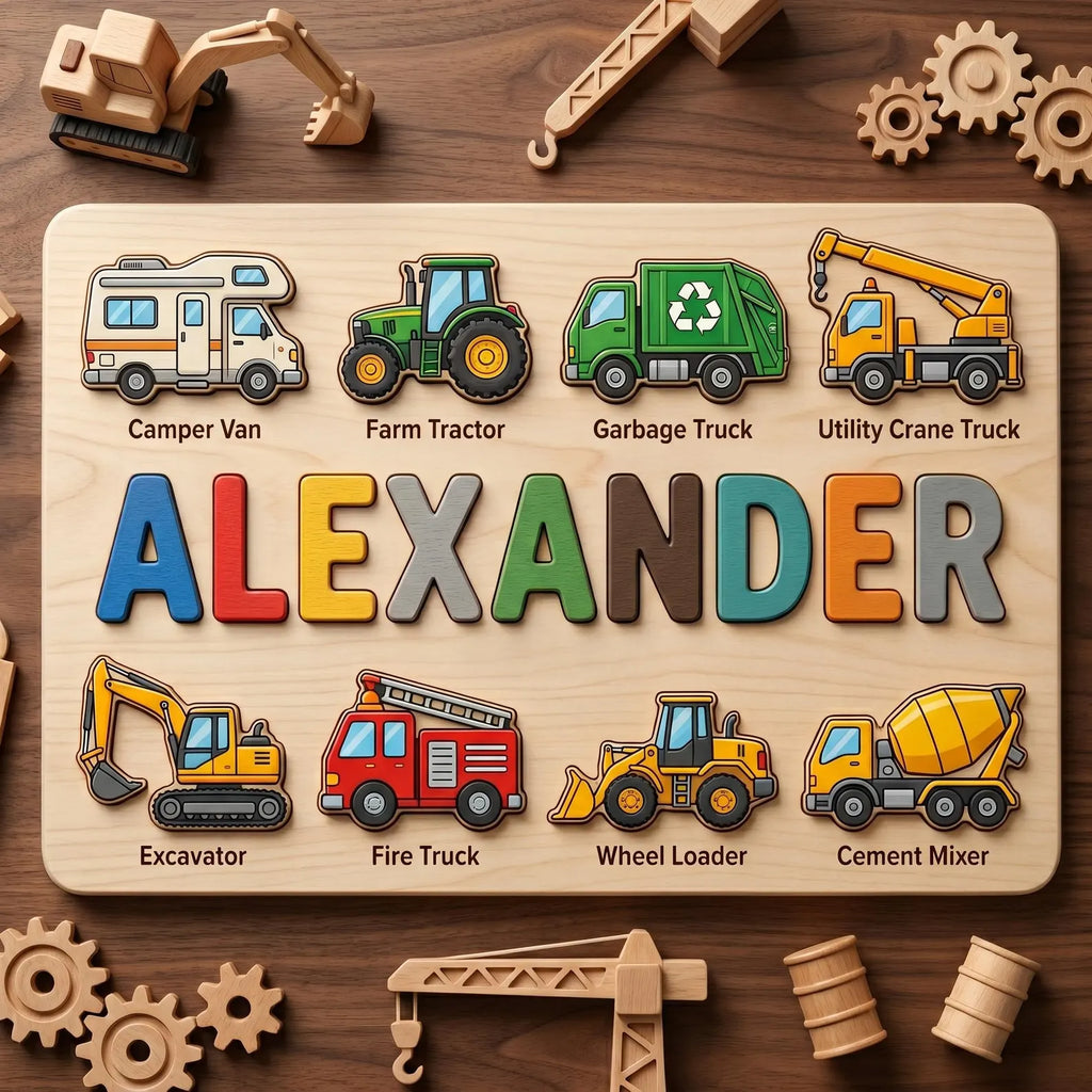 Personalized Vehicles Name Puzzle, Custom Wooden Construction Name Puzzle, Educational Montessori Truck Toy. NPPETAL14