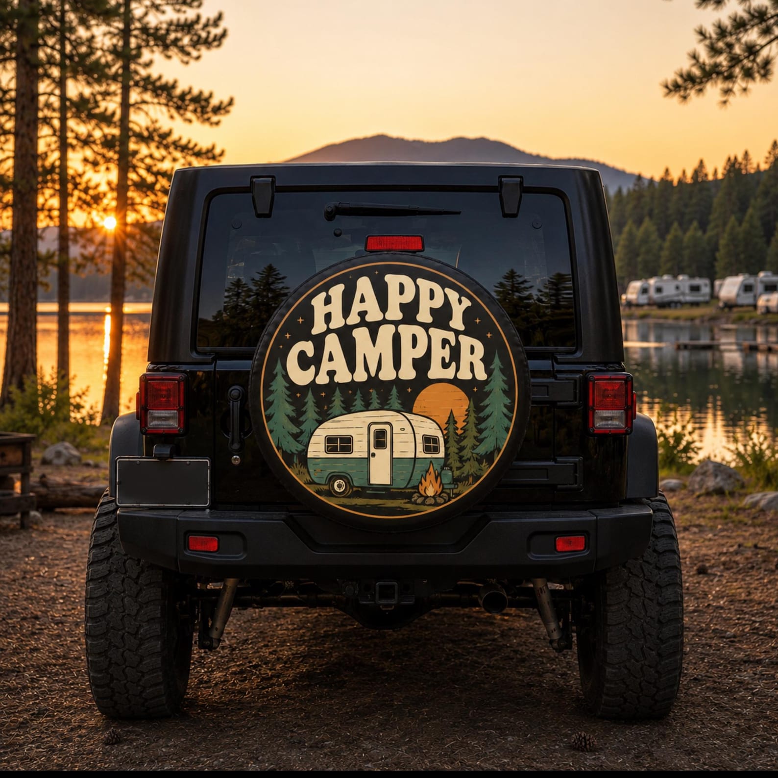 Happy Camper PVC Leather Spare Tire Cover, Fits Jeeps, Trailers, RVs, SUVs, Trucks & More, Vintage Camper Design, Camping Gift for Outdoor Lovers. TCPETAL11