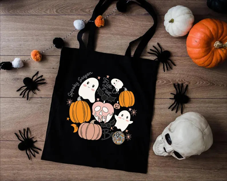 Halloween Doodles Tote Bag, Spooky Cute Ghost and Pumpkin Bag. HLWTBPETAL14