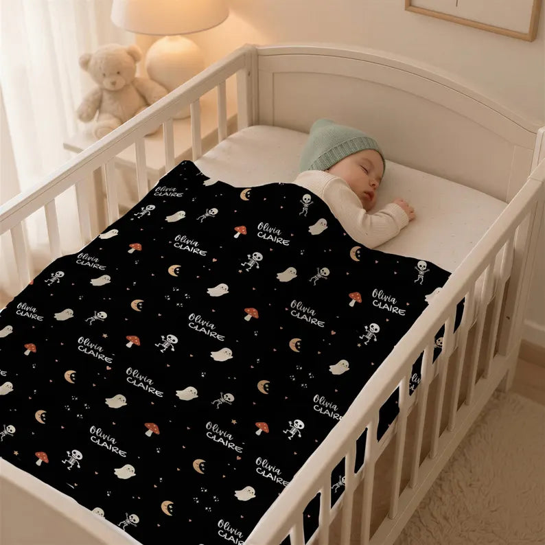 Personalized Halloween Baby Blanket | Custom Baby Name Blanket | Cute Ghost & Skeleton Baby Blanket Baby's First Halloween Gift for Newborn Baby Halloween. BLKPETAL7