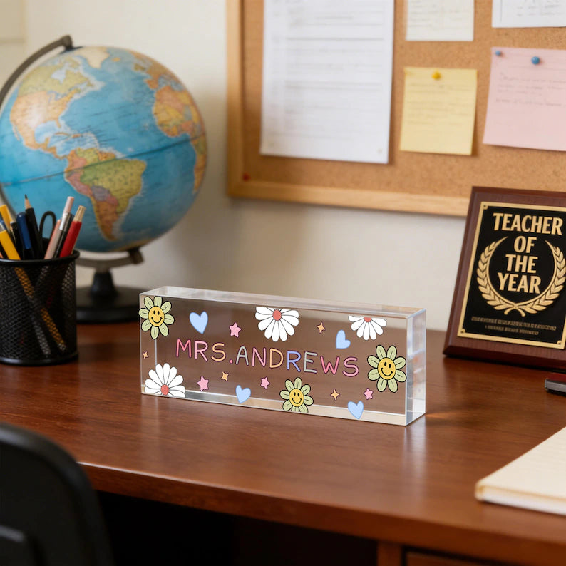 Personalized Teacher Name Desk Sign,Acrylic Desk Plate For Teacher,Custom Floral Name Block,Teacher Appreciation Gift,Back To School Sign. DNPETAL10