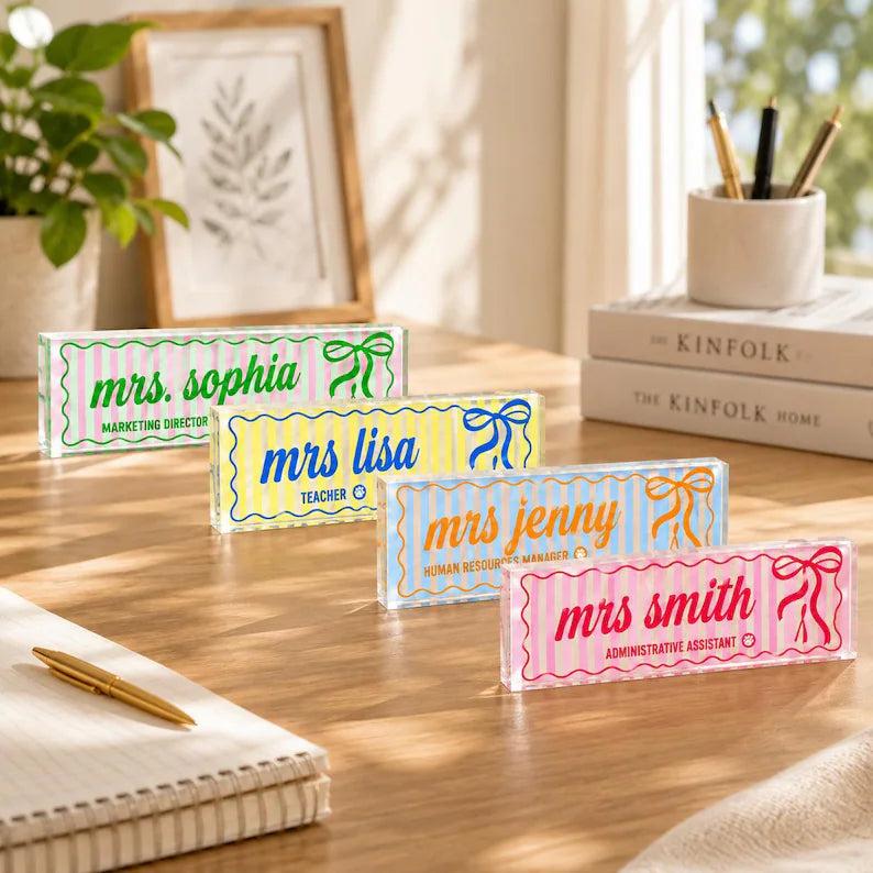Personalized Preppy Bow Acrylic Desk Name Plate, Custom Teacher Desk Sign, Coquette Office Decor. DNPETAL08