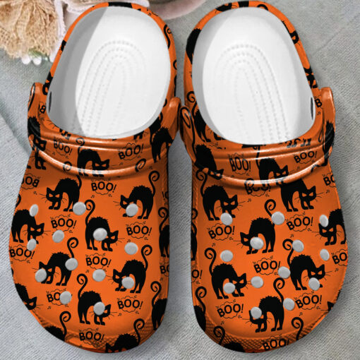 Halloween Black Cat Clogs – Cute Orange Boo Pattern Slip-On Shoes for Spooky Season, Fall Parties & Halloween Gifts. CLPETAL12