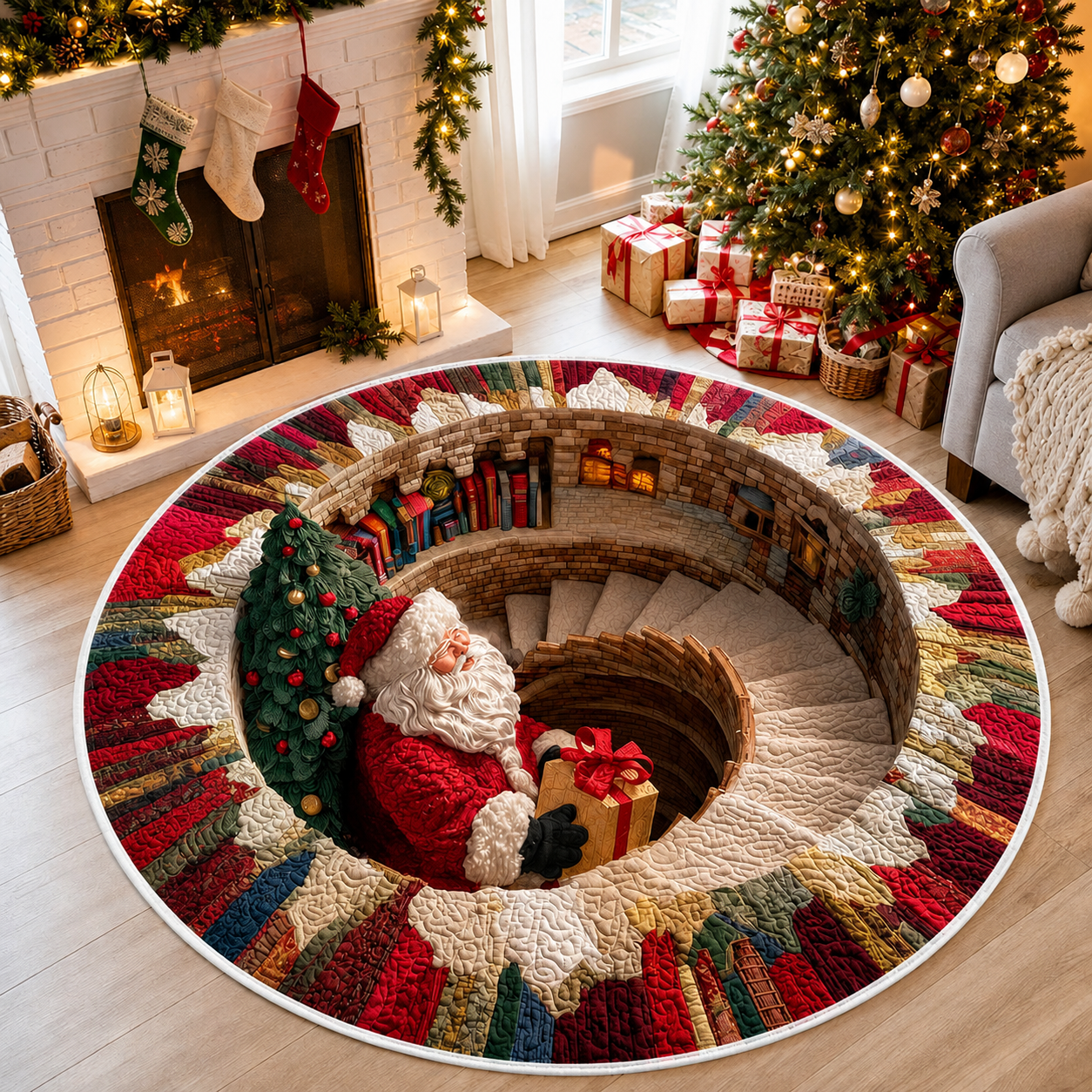Santa Spiral Staircase 3D Round Rug, Christmas Vortex Optical Illusion Floor Mat, Non Slip Xmas Home Decor, Christmas Gift for Family. QRPETAL04