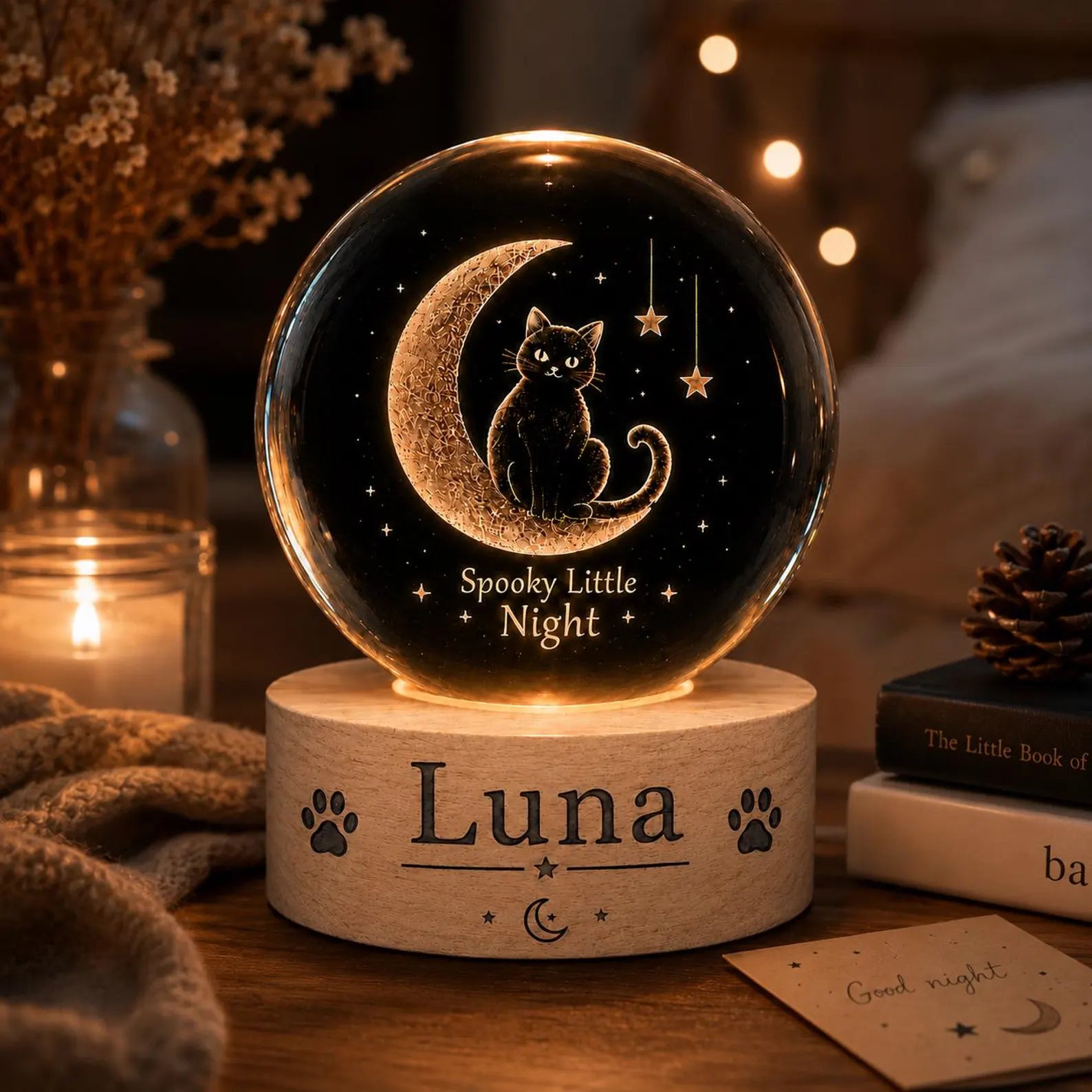 Personalized Black Cat Moon Crystal Ball Night Light, Halloween Decor, Spooky Cozy Bedroom Lamp, Custom Gift for Cat Lovers, Cute Moon Decor. LEDPETAL18