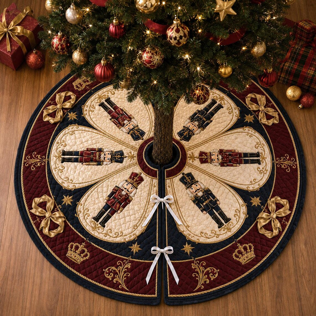 Nutcracker Christmas Tree Skirt, Quilted Holiday Tree Skirt, Royal Red Navy Gold Christmas Decor, Elegant Xmas Home Decor. CTSPETAL12
