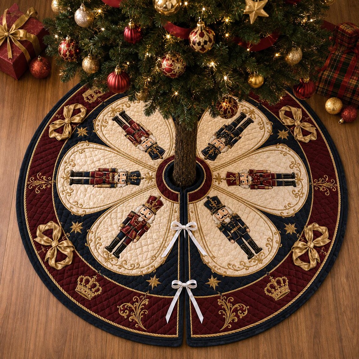 Nutcracker Christmas Tree Skirt, Quilted Holiday Tree Skirt, Royal Red Navy Gold Christmas Decor, Elegant Xmas Home Decor. CTSPETAL12