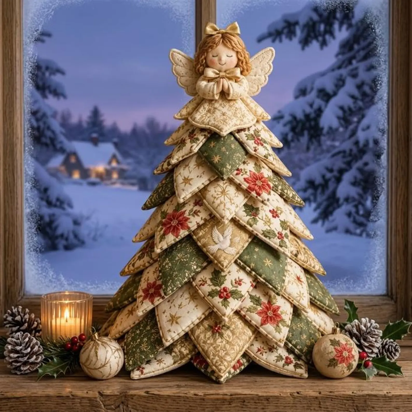 Christmas Angel Quilted Fabric Tree Tabletop Decoration, Handmade Poinsettia Holly & Dove Holiday Home Decor QCTPETAL11