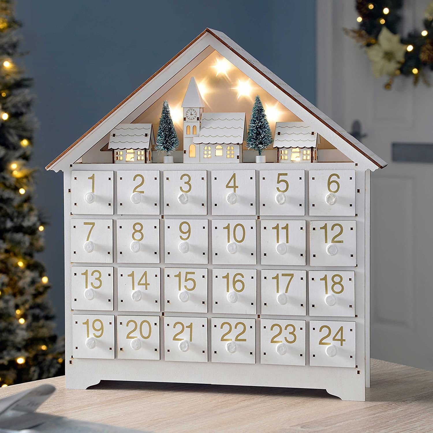 Lighted Wooden Christmas House Advent Calendar with 24 Drawers, Winter Village Holiday Countdown Decor – ACPETAL10