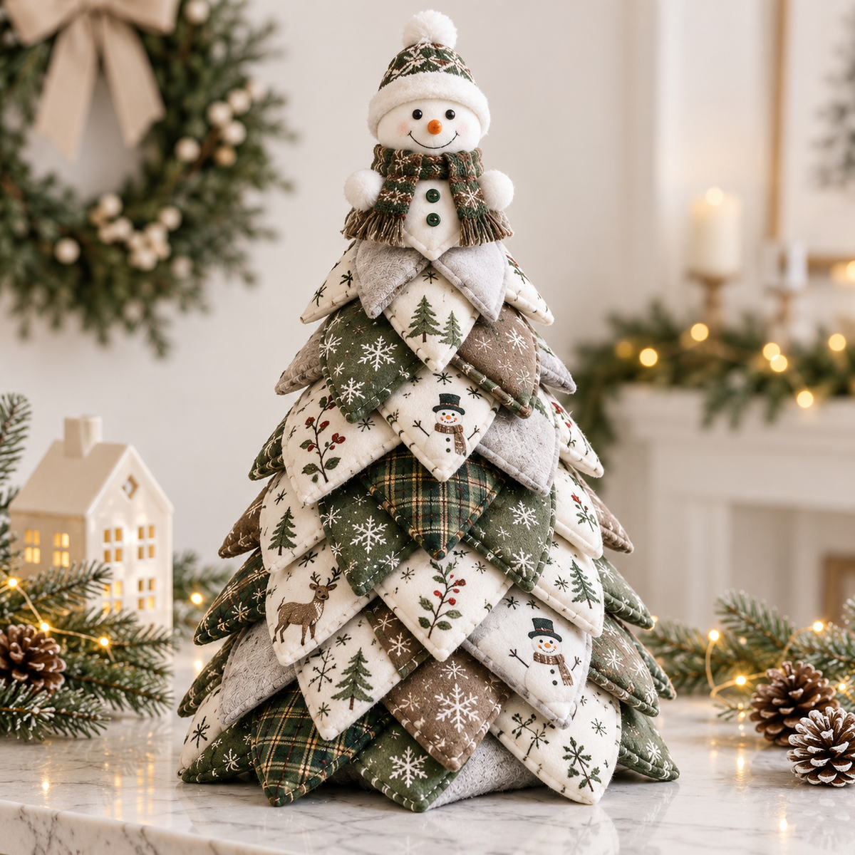 Handmade DIY Quilted Fabric Christmas Tree with Snowman Topper, Rustic Winter Tabletop Holiday Decor – QCTPETAL18