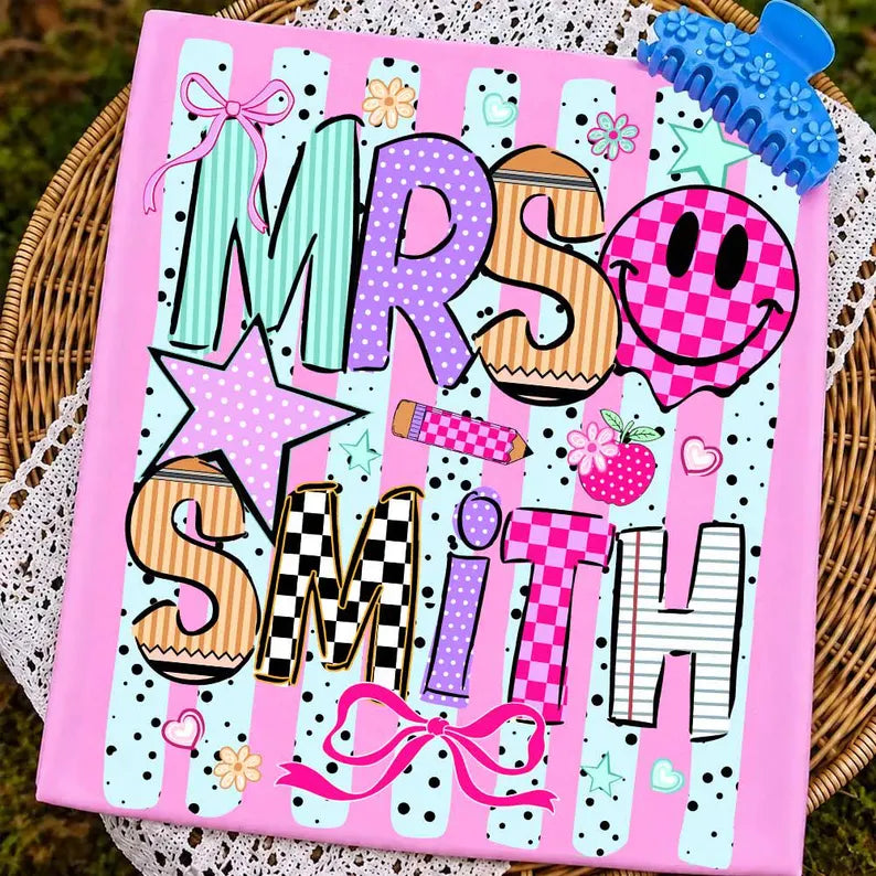 Striped Neon Custom Teacher Name Coquette Bow Shirt, Personalized Teacher Shirt, Teach Love Inspire, Colorful Back to School Teacher Tee. SPETAL5