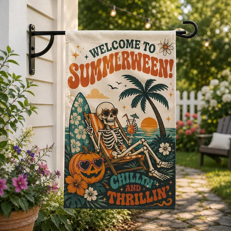 Summerween Garden Flag, Skeleton Halloween Beach Flag, Tropical Halloween Decor, Spooky Summer Yard Flag, Pumpkin Flag. HLWGFPETAL23