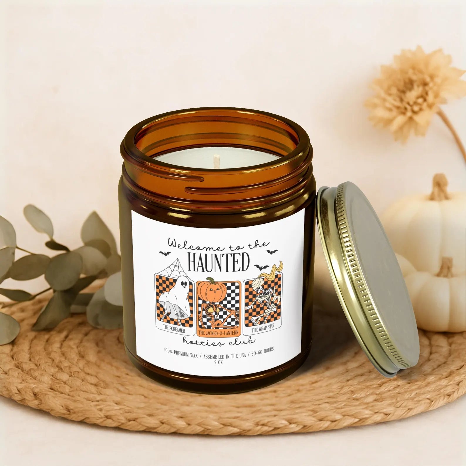 Haunted Hotties Halloween Candle – Funny Skeleton Ghost Pumpkin Scented Soy Candle, Spooky Cute Fall Decor, Witchy Gift Idea. SCPETAL8